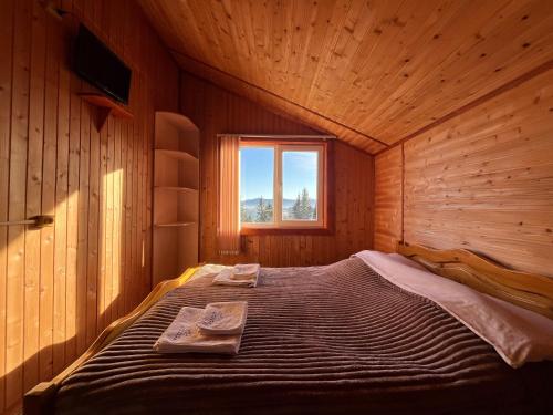 a bed in a wooden room with a window at Котедж Краєвид in Yablunytsya
