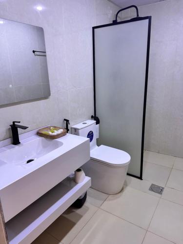 Rum Horizon Camp& Tours في وادي رم: حمام مع حوض ومرحاض ومرآة