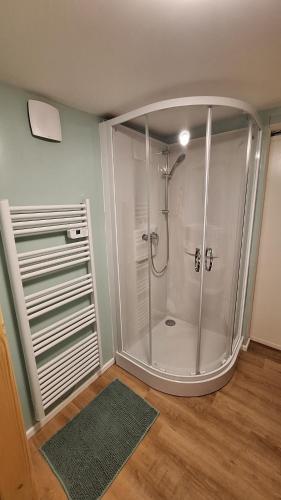una ducha con puerta de cristal en un baño en Appartement spacieux tout équipé au coeur de l'avesnois, en Trélon