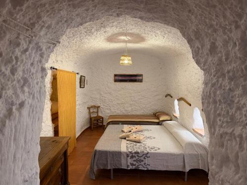 una camera da letto con un letto in un muro di pietra di Cuevas el Torriblanco a Gorafe
