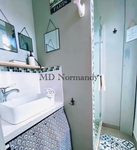 a bathroom with a sink and a shower at Belle Maison centre Villerville - 8 personnes - Terrasse in Villerville