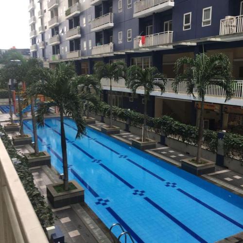 a large swimming pool with palm trees next to a building at Nusantara Center Point By Reccoma in Kayuringin