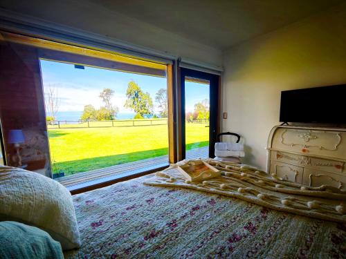 弗鲁蒂亚尔"Los laureles" vista al lago的一间卧室，里面有一张床和一扇大窗户。