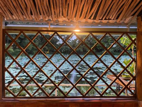 Blick auf einen Fluss durch ein Glasfenster in der Unterkunft Nhà Sen Phước Hải in Hội Mỹ