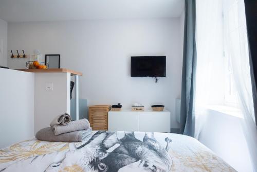 ein Schlafzimmer mit einem Bett und einem Fernseher an der Wand in der Unterkunft L'ELEBASCH - Riom - Randonnée Puy de Dôme in Riom