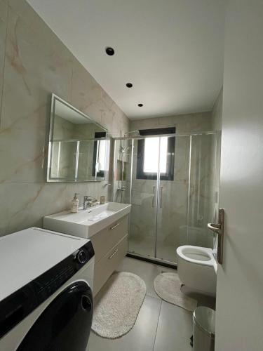 a bathroom with a shower and a sink and a toilet at Meintis Apartments Rafina in Rafina