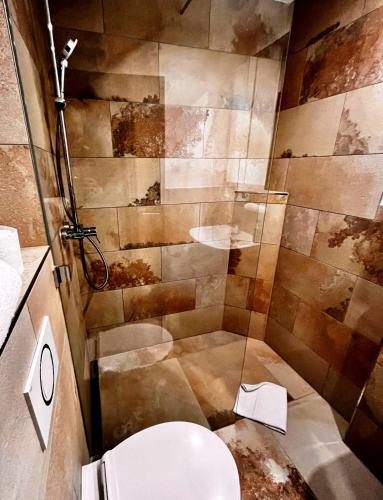 a bathroom with a shower with a toilet in it at Wohnfakturei in Augsburg