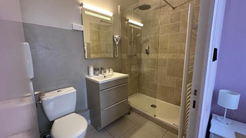 ein Badezimmer mit Dusche, Toilette und Waschbecken in der Unterkunft Logis Hôtel la Vallée de l'Arc in Trets