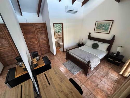 a large bedroom with a bed and a mirror at Caribbean View in Puerto Limón