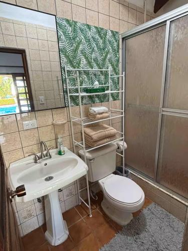 a bathroom with a toilet and a sink and a shower at Caribbean View in Puerto Limón
