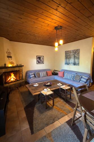 een woonkamer met een bank en een open haard bij Horizon Nest Parnassos Villa Chalet! in Eptalofos