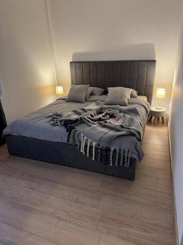 a bedroom with a large bed with two pillows at Cozy Center Apartment in Jelgava