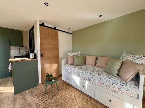 a bedroom with a bed with pink and green walls at Studio tout confort dans la campagne aixoise in Le Puy-Sainte-Réparade