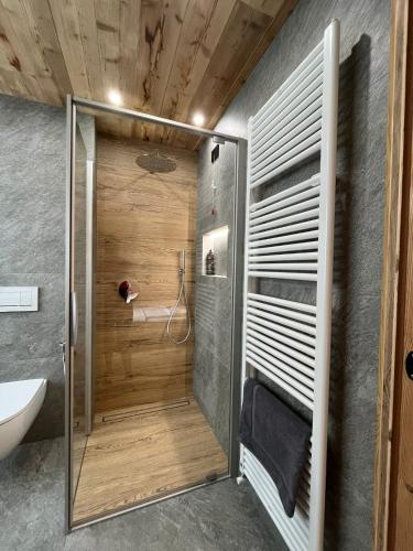 a bathroom with a shower with a toilet and a sink at Gran Zebrú B&B - high mountain in Valfurva