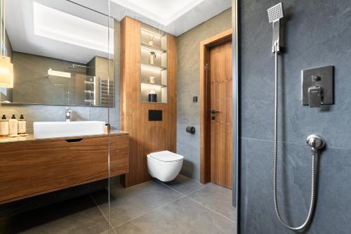 ein Badezimmer mit Toilette, Waschbecken und Dusche in der Unterkunft LUXURY SUITE Boží Dar in Boží Dar
