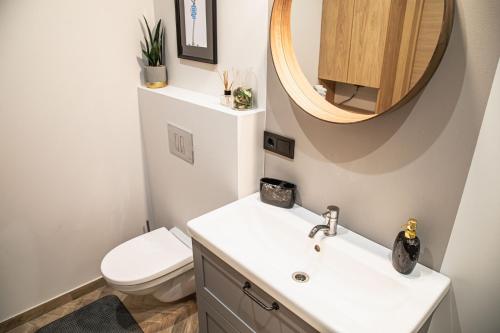 ein Badezimmer mit Waschbecken, Toilette und Spiegel in der Unterkunft Closer to the Sea - Modern Terrace Stay in Saulkrasti