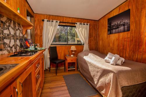 Un dormitorio pequeño con una cama y un lavabo. en Estero El Claro Hotel y Cabañas, en Pucón