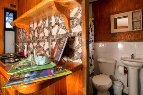 y baño con lavabo, aseo y barra. en Estero El Claro Hotel y Cabañas, en Pucón