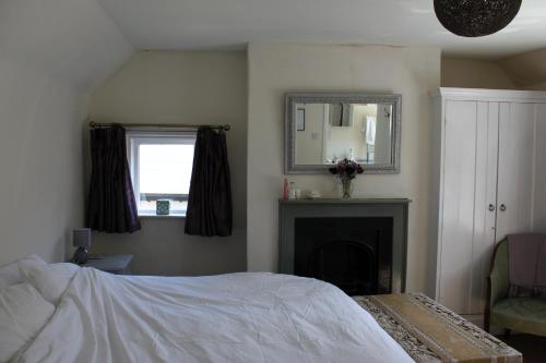 a bedroom with a bed and a fireplace and a mirror at B&B South Downs Way in Poynings