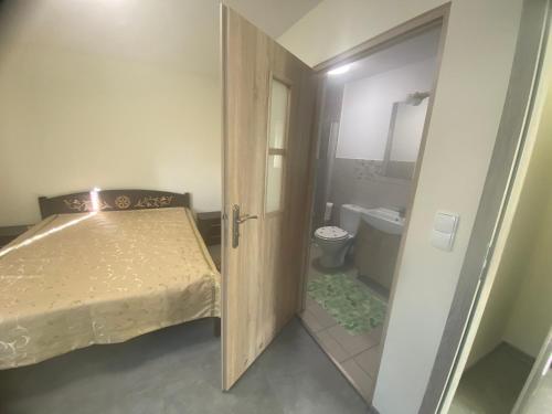 een kleine badkamer met een bed en een toilet bij Kapacówka in Zakopane