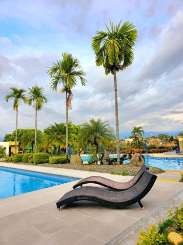 Un banco negro junto a una piscina con palmeras. en Apartamento Privado de 2 o 3 habitaciones en Condominio Campestre, en La Tebaida