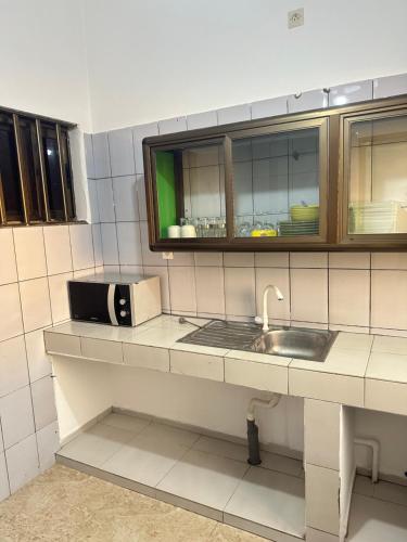 eine Küchentheke mit Spüle und Mikrowelle in der Unterkunft Deckon 