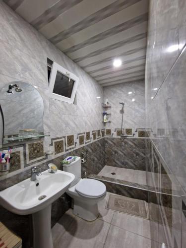 a bathroom with a toilet and a sink and a shower at Cozy and Comfortable Apartment in Kutaisi