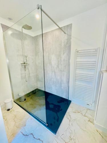a shower with a glass door in a bathroom at Les Jardins Bas in Moulins