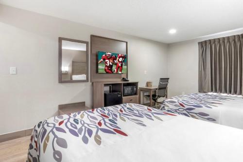 a hotel room with a bed and a desk at Red Roof Inn & Suites Newport News in Newport News