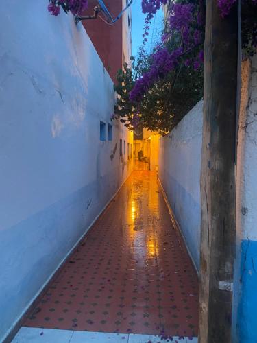 eine Gasse mit lila Blumen auf der Seite eines Gebäudes in der Unterkunft Petit appartement à martil in Martil