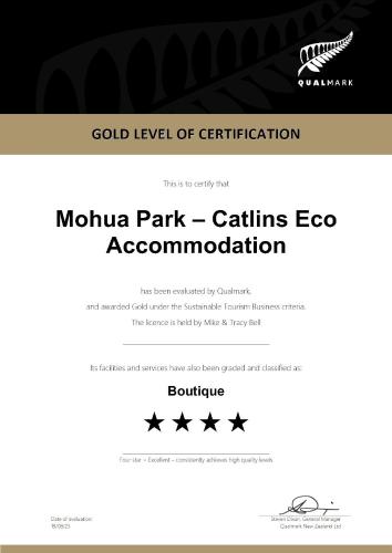 a screenshot of the gold level of certification morula park certificates eco documentation at Mohua Park - Catlins Eco Accommodation in Owaka