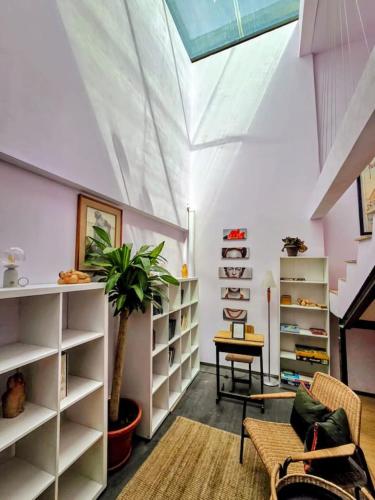 a room with white shelves and a potted plant at Suite Rosa familiar para hasta 6 huéspedes Amplia, céntrica, con cocineta y baño privado in Mexico City