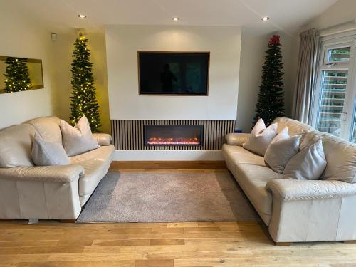 a living room with two couches and a fireplace at New Forest 2 bedroom Guest Suite & Hot Tub in Ibsley