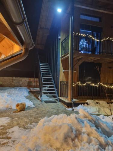 Un montón de nieve delante de un edificio con una escalera. en Luxusný apartmán Karolína, en Telgárt