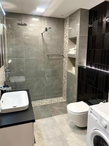 a bathroom with a shower and a toilet and a sink at Apartament RELAX in Pogorzelica