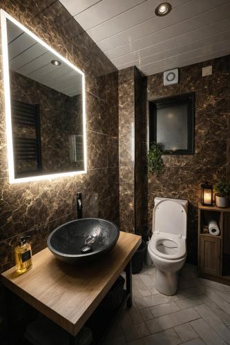 a bathroom with a sink and a toilet at Cosy Coach House - Belfast in Belfast