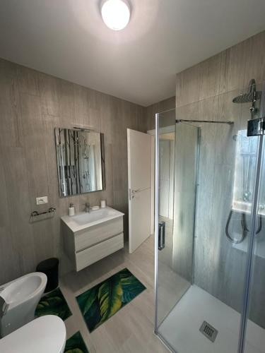 a bathroom with a shower and a sink and a toilet at Appartamento Cataleya in Cuccurano