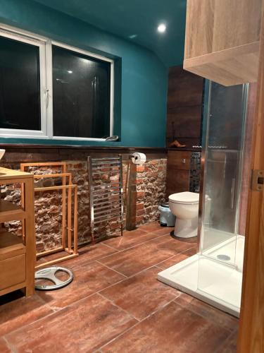a bathroom with a toilet and a tv on the wall at High Barn in Thursley