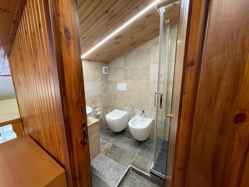 un bagno con wc, lavandino e doccia di Montaria Suite a Pescocostanzo