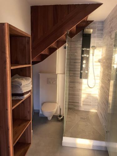 a bathroom with a toilet and a glass shower at habitation arrakis in Pointe-Noire