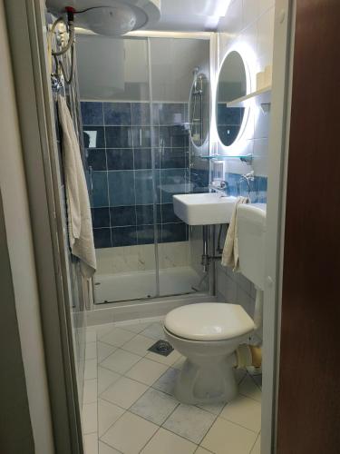 ein Badezimmer mit Toilette, Waschbecken und Dusche in der Unterkunft Teos Apartments in Mostar