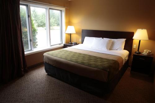 ein Hotelzimmer mit einem Bett und zwei Fenstern in der Unterkunft Quality Inn & Suites Munising in Wetmore