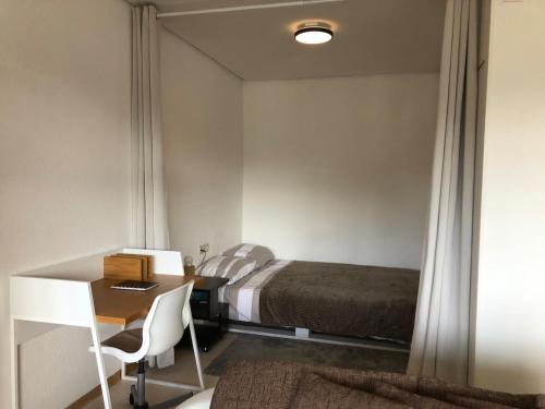 ein Schlafzimmer mit einem Bett und einem Schreibtisch mit einem Schreibtisch in der Unterkunft Apartment in Herborn mit Balkon & Weitblick ins Grüne in Herborn
