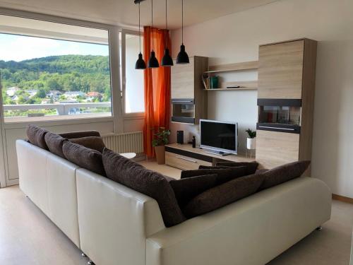 ein Wohnzimmer mit Sofa und Fernseher in der Unterkunft Apartment in Herborn mit Balkon & Weitblick ins Grüne in Herborn
