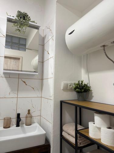 a bathroom with a sink and a mirror at Apartmány U brány in Telč