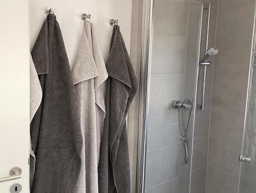 a bathroom with a shower with towels hanging on a wall at Ferienwohnung Bayside in Edertal