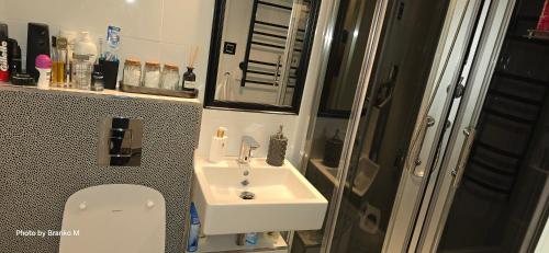 a small bathroom with a sink and a toilet at Apartment Feelgood in Billdal