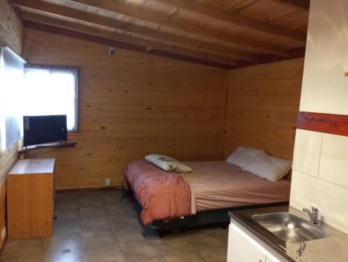 una camera da letto con un letto in una cabina di legno di Cabaña El Atardecer 2 a Necochea