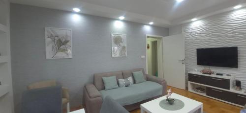 a living room with a couch and a flat screen tv at Apartman Vukota Pirot in Pirot