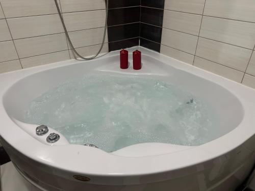 eine Badewanne mit zwei roten Flaschen darin in der Unterkunft Apartment Gostivar in Gostivar